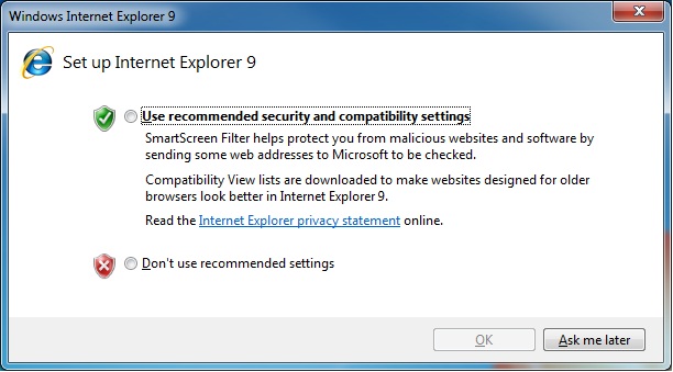 Internet Explorer 9 Use Recommended Security And Compatibility Settings